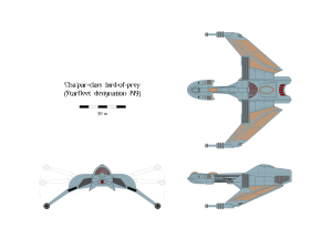 Three-view orthographic plans of the Cha'par-class bird-of-prey.