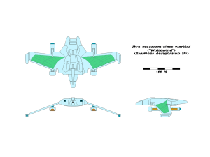 Three-view orthographic plans of the Aye mosaram-class warbird.